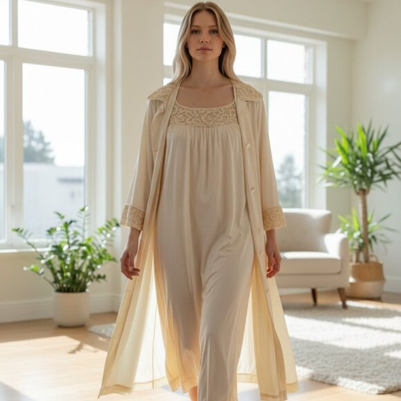 Vintage Other - Vanity Fair, Beige SILKY SOFT NYLON Peignoir Robe Nightgown Set, Size 36 VINTAGE